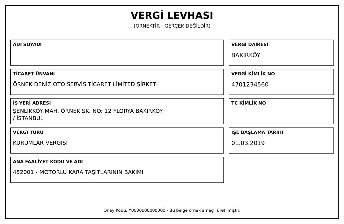 Arşiv Fatura Mobil ile taranan örnek vergi levhası (uydurma bilgilerle)